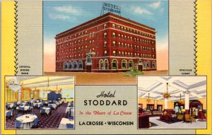 Linen Postcard Multiple Views of Hotel Stoddard in La Crosse, Wisconsin