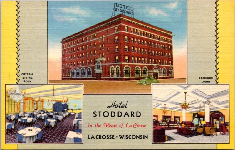 Linen Postcard Multiple Views of Hotel Stoddard in La Crosse, Wisconsin