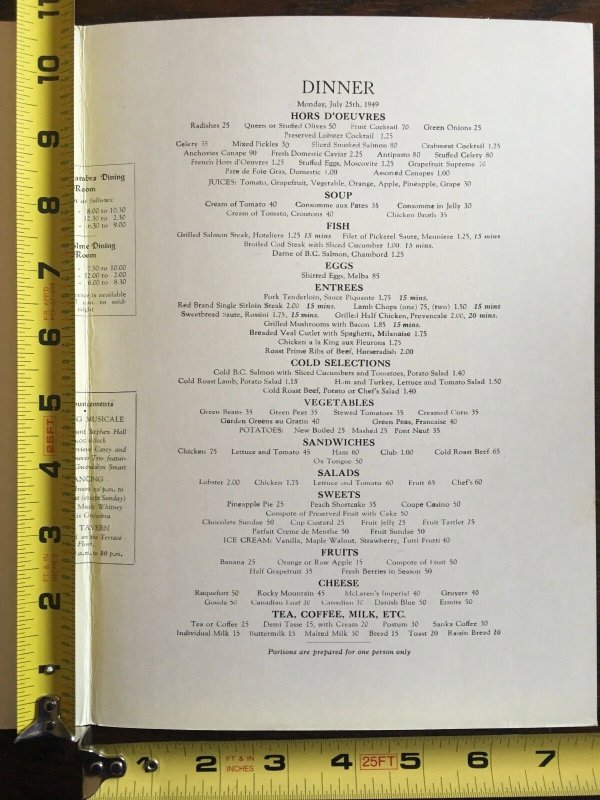 1949 Banff Springs Hotel Dinner Menu Canadian Pacific Hotels Eighteenth Hole