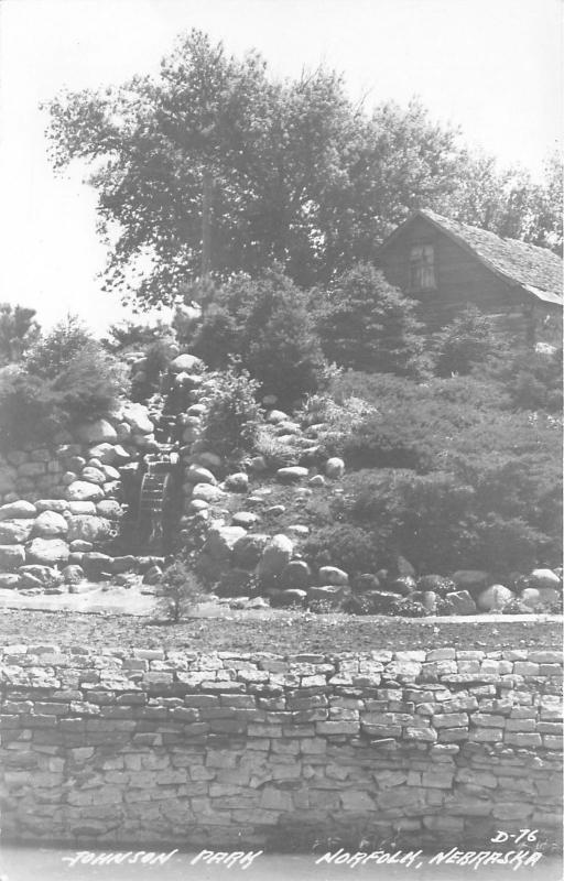 Norfolk Nebraska~Johnson Park Scene~Old House behind Tree~Rock Wall~1940s RPPC