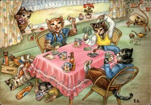 Kitty Cat Fantasy Playing Cards Drinking Beer 4x6 c1950s -60s Postcard