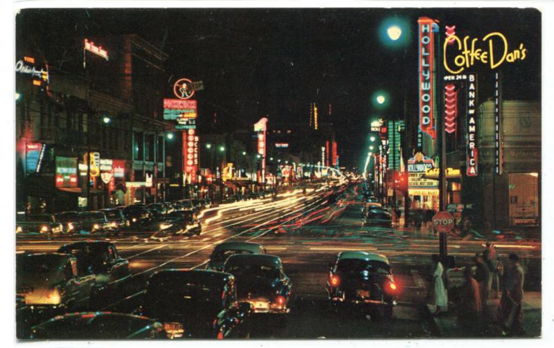 Hollywood Boulevard at Night Coffee Dan's Restaurant California postcard