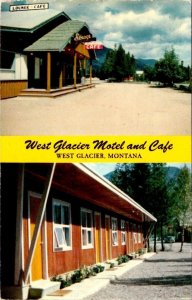 MT, Montana  WEST GLACIER MOTEL & CAFE~Lounge ROADSIDE  ca1960's Chrome Postcard