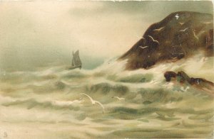 Raphael Tuck artist postcard painting Oilette ship in the sea storm