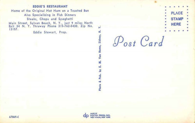 Sylvan Beach New York Eddie's Restaurant Diner Interior Postcard JE359709