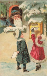 Christmas Blue Suited Santa Claus St Niklas Mail Box Children Embossed Postcard