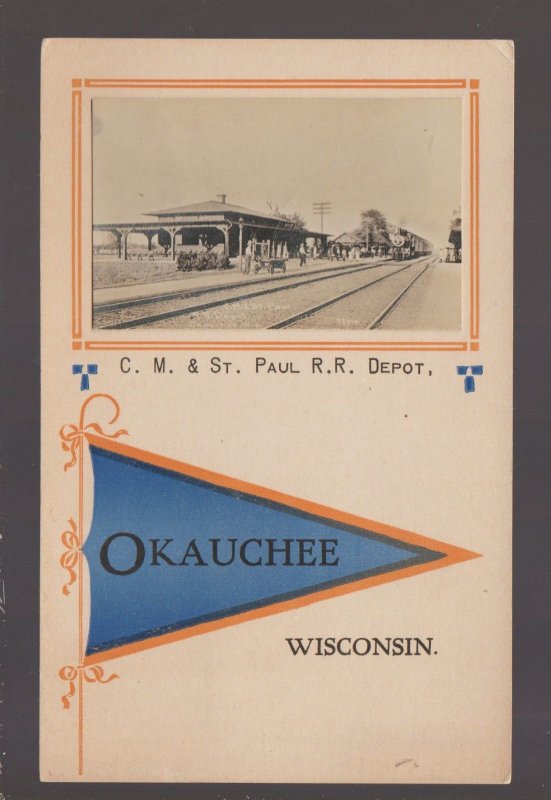 Okauchee WISCONSIN RPPC 1919 DEPOT Train Station CM & ST. P. RR nr Oconomowoc KB