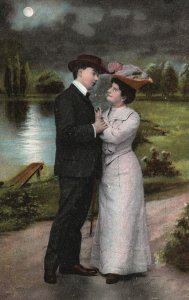 Vintage Postcard 1908 Romance Couple Lovers at Night Full Moon Beside Lake