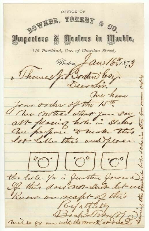 1873 Letterhead, BOWKER, TORREY & CO., Dealers in Marble, Boston, Massachusetts