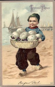 Joyeuses Paques Easter Little Dutch Boy Basket of Decorated Eggs Postcard