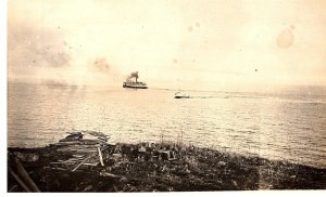 RPPC Postcard Boat on Water w Smoking Smoke Stack Lockport Minnesota