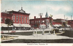 J73/ Watseka Illinois Postcard c1910 Women's Park Fountain Stores 332