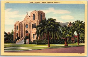 Phoenix Arizona AZ, Grace Lutheran Church, Lawn, Palm Trees, Roadway, Postcard