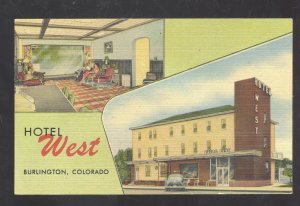 BURLINGTON COLORADO HOTEL WEST VINTAGE LINEN ADVERTISING POSTCARD