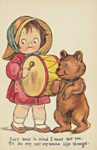 Raphael Tuck Girl Drummer & Bear & Pets Postcard