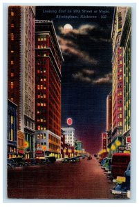Looking East Street At Night Building Cars Birmingham Alabama AL Postcard 