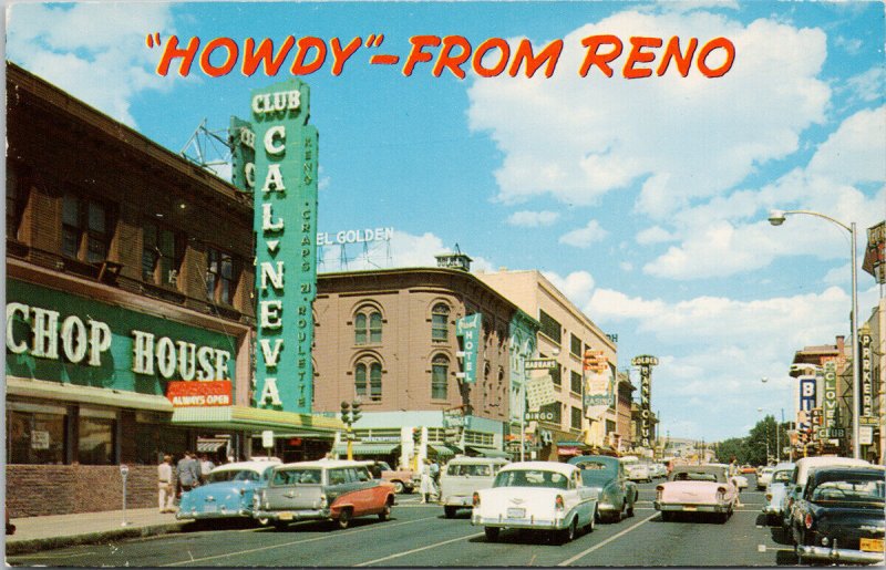 Howdy from Reno NV Center St. and 2nd Chop House Cal-Neva Bank Club Postcard H19