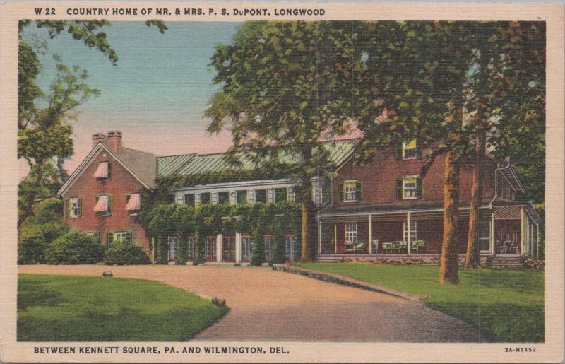 Postcard Country Home Mr Mrs PS DuPont Longwood Between Kennett + Wilmington DE