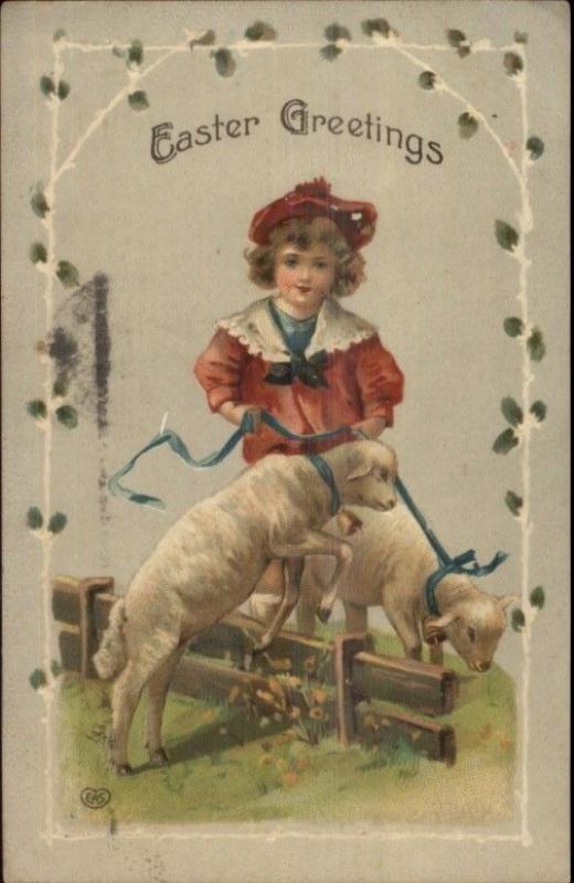 Easter - Little Boy & Lambs c1910 Postcard