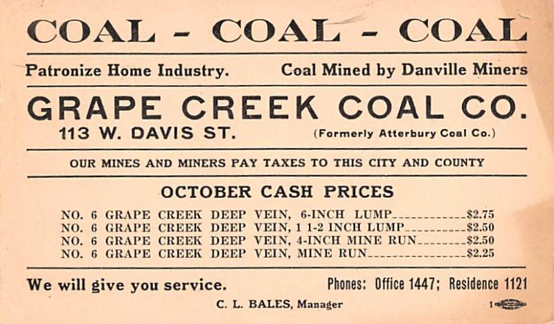 Hardware Advertising Old Vintage Antique Post Card Grape Creek Coal Co Advert...