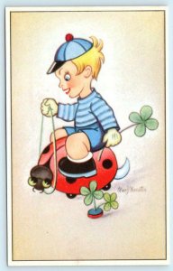 MARY DAESTER Artist Signed FANTASY BOY rides LADYBUG  Postcard