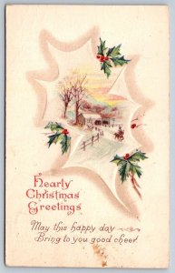 Hearty Christmas Greetings, Rural Winter Scene, Holly, Vintage 1925 Postcard