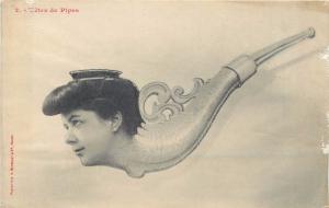 Vintage surrealism postcard pipe lady fantasy