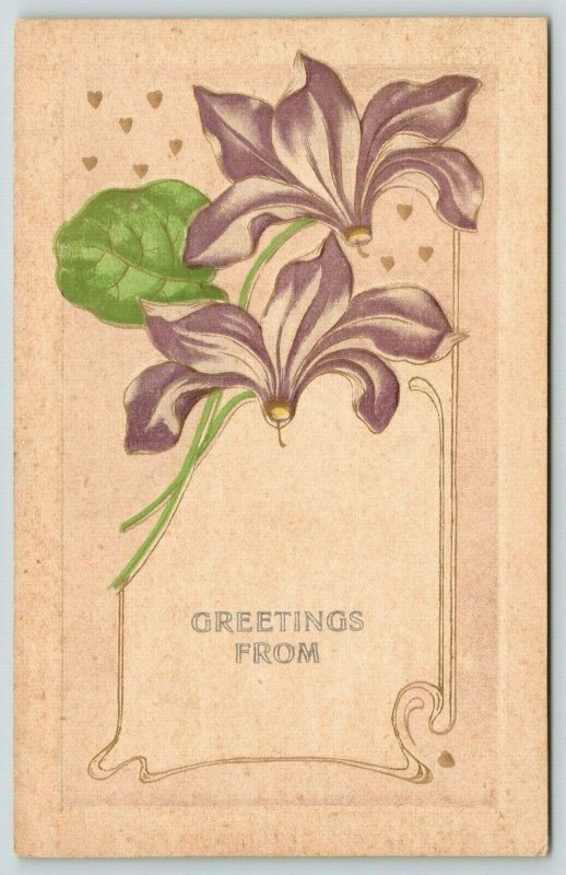 Greetings From~Embossed Flowers~Lavender Petals~Art Nouveau~c1910 Postcard 