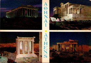 Greece Athens Ancient Monuments Of Acropolis At Night Multi View