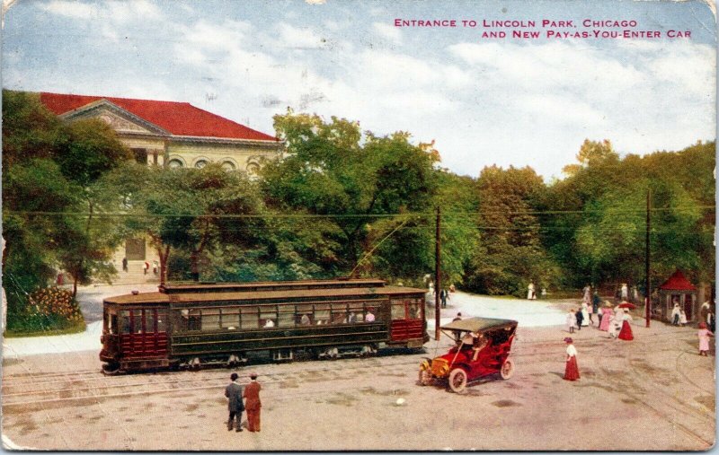 postcard Chicago Entrance Lincoln Park - trolley - canal station 3 cancel