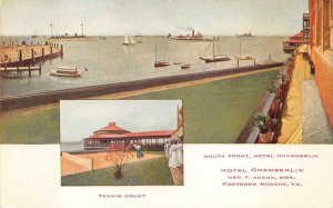 HOTEL CHAMBERLIN FORTRESS MONROE VIRGINIA SHIPS TENNIS POSTCARD (c. 1907)