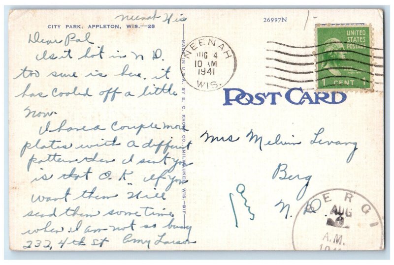 1941 City Park, Appleton Wisconsin WI Posted Vintage EC Kropp Postcard