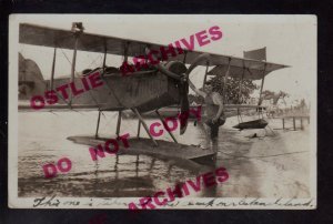 rppc c1920 SEAPLANE Airplane on Water 3-BLADE PROPELLER Pilot Posing PLANE KB