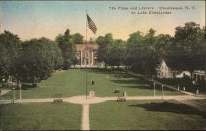 Chautauqua NY Plaza & Library c1930 Hand Colored Postcard