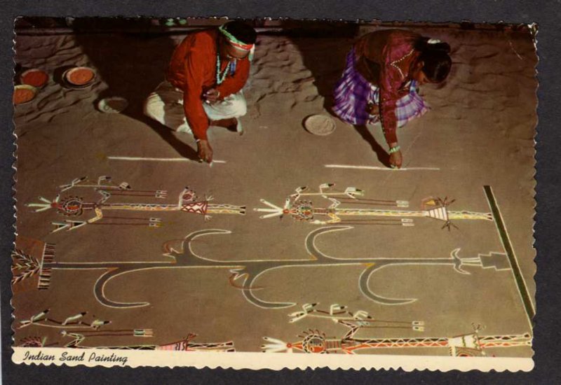 NM Navajo Indians Sand Art Painting New Mexico Postcard Indian