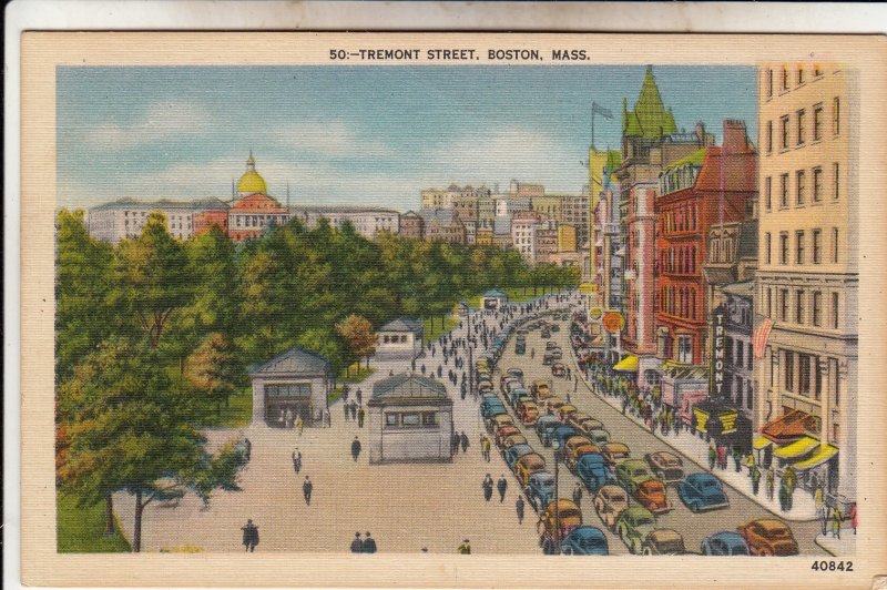 P1885 1949 postcard busy tremont street boston mass birds eye view many old cars