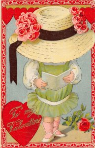 F76/ Valentine's Day Love Holiday Postcard c1910 Girl Large Hat Gold 21