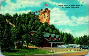 Castle Rock & Parking Lot w Cars St Ignace Michigan MI Curteich Chrome Postcard