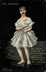 A/s Ell Naked Man Hiding Behind Newspaper The Journal c1910 Postcard