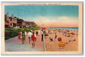 1939 View Of Beach Scene North Of 20th Street Virginia Beach VA Vintage Postcard