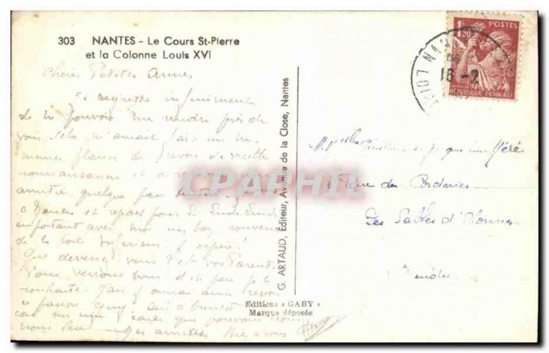 Old Postcard Nantes PlERRE Cours St Louis XVI and Column