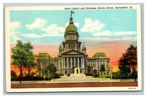 Vintage 1940's Postcard State Capitol & Abraham Lincoln Statue Springfield IL