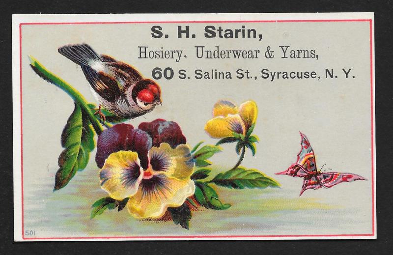 VICTORIAN TRADE CARD Starin Hosiery Bird, Flowers & Butterfly
