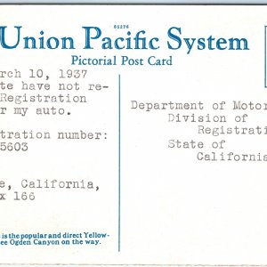 1937 California DMV License Registration Reminder Postcard US Government CA A90