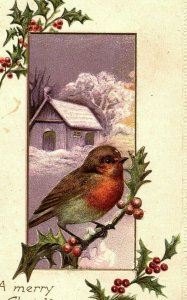 1907- 15 A Merry Christmas Postcard Song Bird Snow Farm House Embossed 