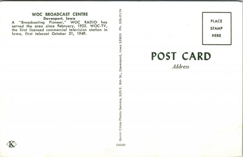 WOC Broadcast Centre Davenport Iowa IA Postcard VTG UNP Vintage Unused Chrome 