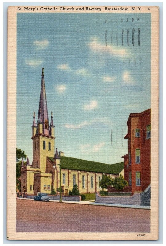 1947 St. Mary's Catholic Church And Rectory Car Amsterdam New York NY Postcard