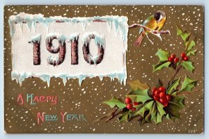 New Year Postcard 1910 Bird And Holly Berries Embossed Columbia Washington WA