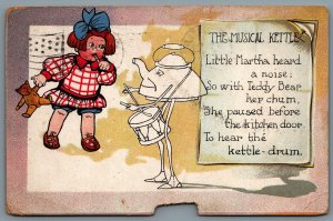 Postcard c1909 Tuck Puns The Musical Kettle Playing Drums Girl With Teddy Bear