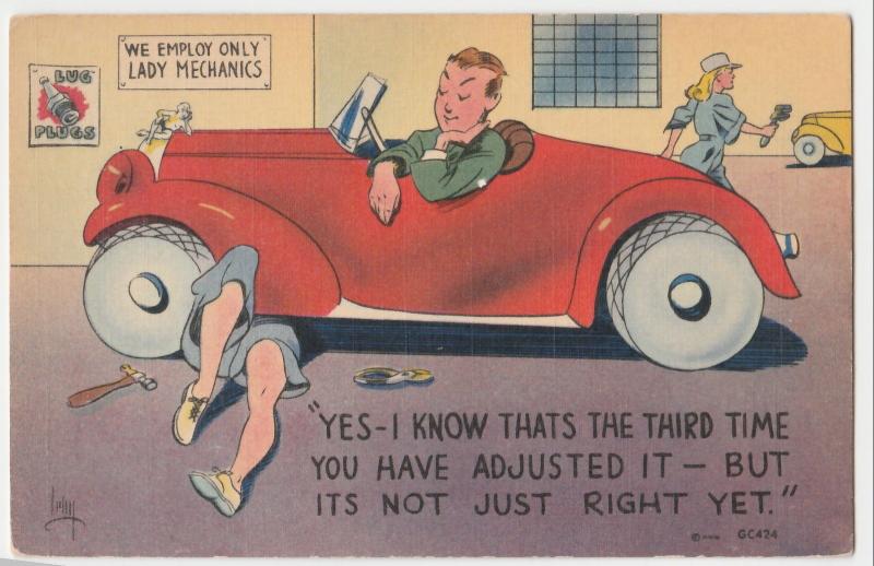 AUTO AUTOMOBILE CAR PRETTY WOMAN COMIC LADY Postcard mechanic